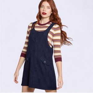 Modcloth Dark Blue Denim Overall Dress sociable scholar large with pockets